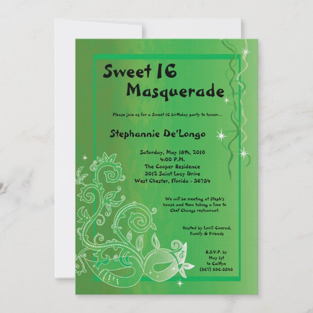 Invitation 5x7 Green Masquerade Sweet 16 Anniversaire Invitat (Devant)
