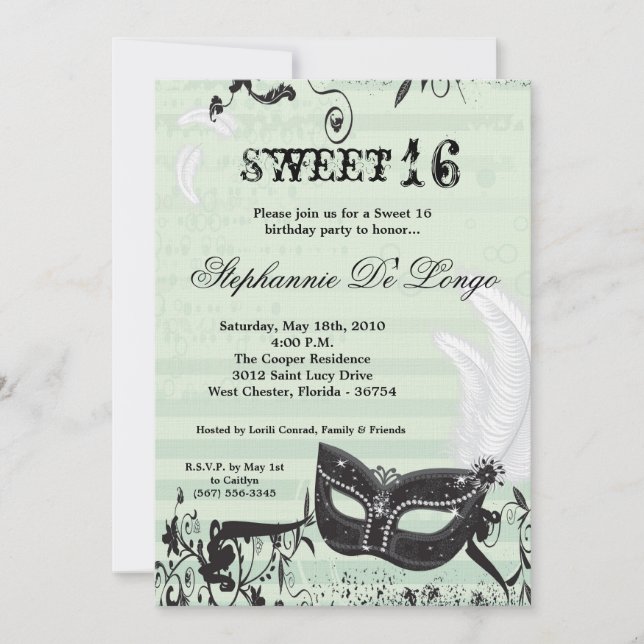 Invitation 5x7 Green Masquerade Sweet 16 Anniversaire Invitat (Devant)
