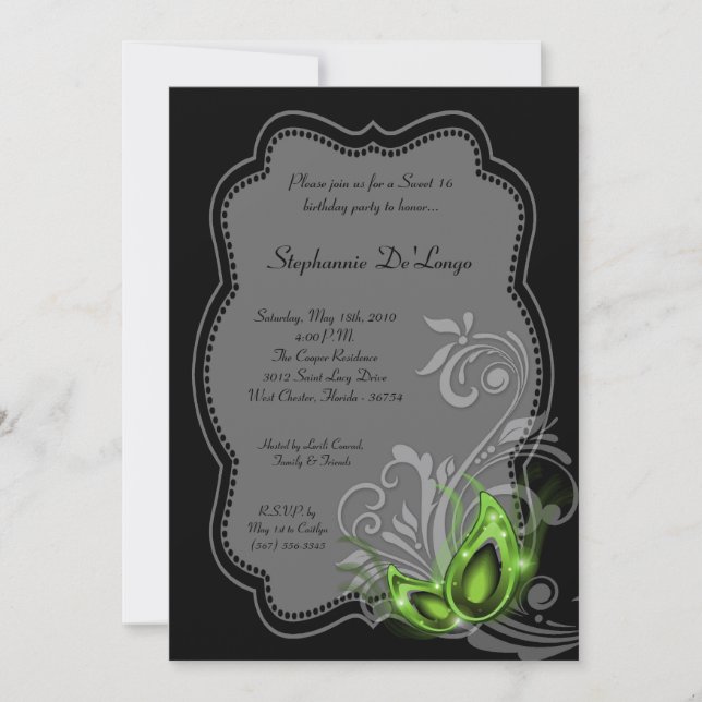 Invitation 5x7 Green Masquerade Sweet 16 Anniversaire Invitat (Devant)