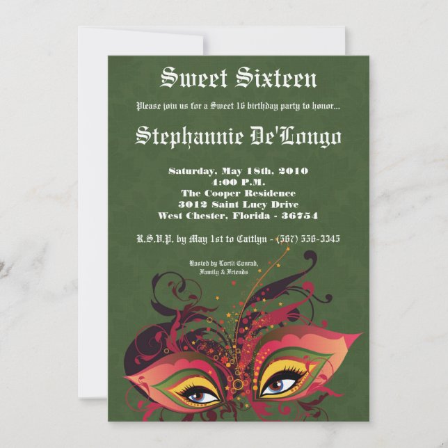 Invitation 5x7 Green Masquerade Sweet 16 Anniversaire Invitat (Devant)