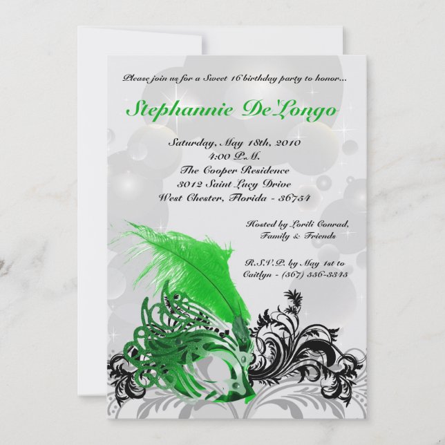 Invitation 5x7 Green Masquerade Sweet 16 Anniversaire Invitat (Devant)