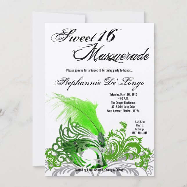 Invitation 5x7 Green Masquerade Sweet 16 Anniversaire Invitat (Devant)