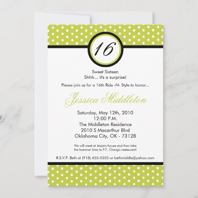 Invitation 5x7 Green White Polka Dot 16ème anniversaire Invit (Devant)
