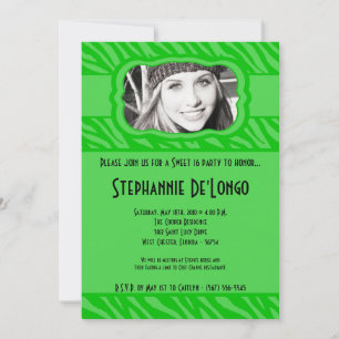 Invitation 5x7 Green Zebra PHOTO Sweet 16 Anniversaire Invita
