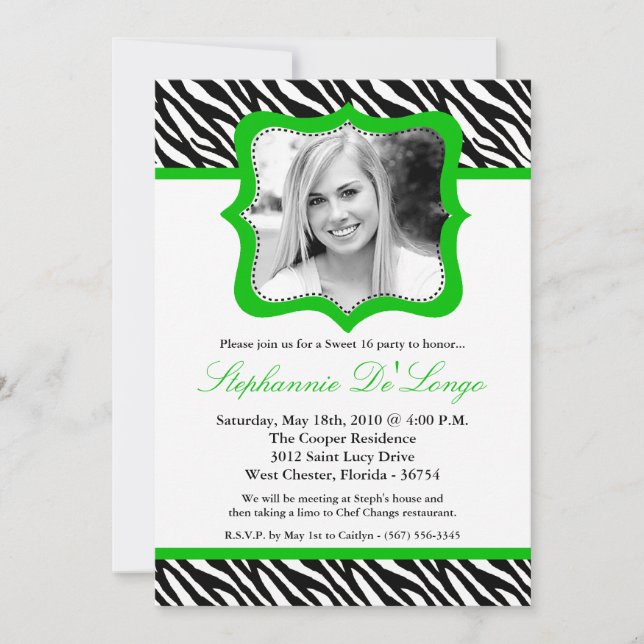 Invitation 5x7 Green Zebra PHOTO Sweet 16 Anniversaire Invita (Devant)
