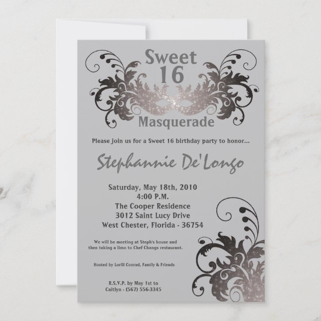 Invitation 5x7 Gris Masquerade Sweet 16 Anniversaire Invitati (Devant)