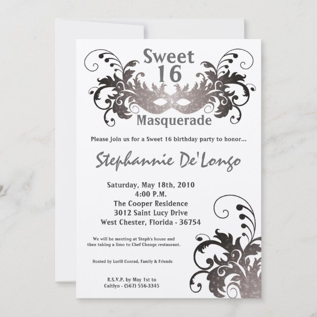 Invitation 5x7 Gris Masquerade Sweet 16 Anniversaire Invitati (Devant)