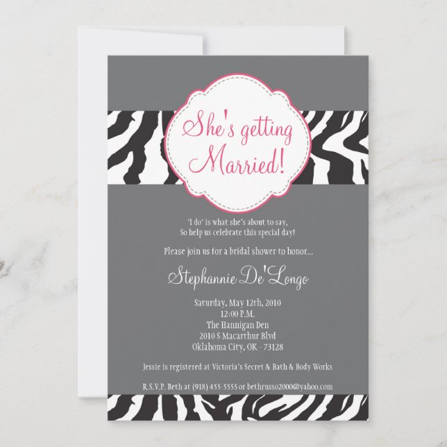 Invitation 5x7 Gris rose Zèbre Gris Brise Bride Douche Invita (Devant)