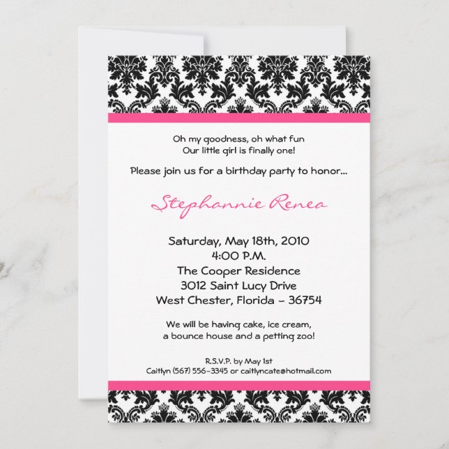 Invitation 5x7 Hot Pink Blac Damask Birthday Fête Invite (Devant)