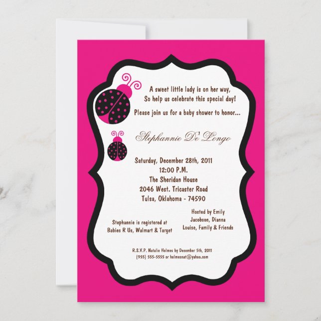 Invitation 5x7 Hot rose Lady Bug Baby shower (Devant)