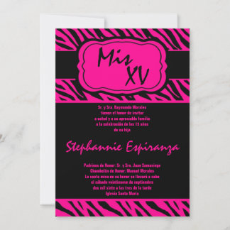 Invitation 5x7 Hot rose Zebra Imprimer Quinceanera 15 Invitat