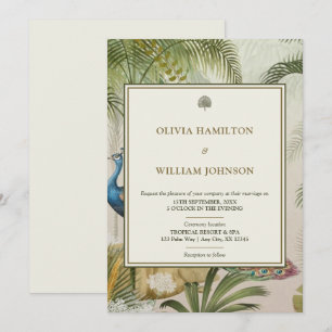 Invitation 5x7 ivoire Tropical Peacock Palm Mariage