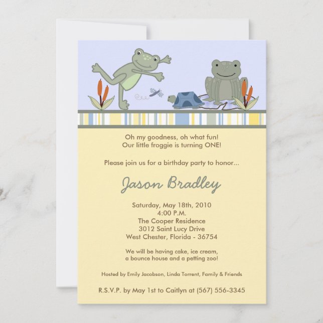 Invitation 5x7 Leap Frog Turtle Bee Anniversaire Fête Invitat (Devant)