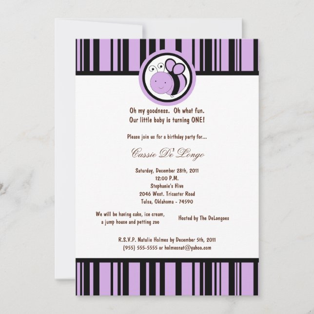 Invitation 5x7 Léger Violet Bumble Bee Anniversaire Invitatio (Devant)