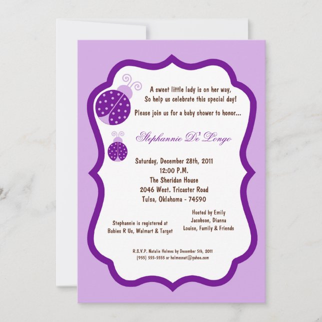 Invitation 5x7 Light Purple Lady Bug Baby shower (Devant)