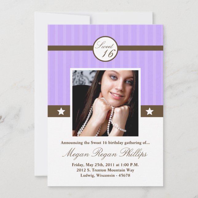 Invitation 5x7 Lila Purple PHOTO Sweet 16 Anniversaire Invita (Devant)