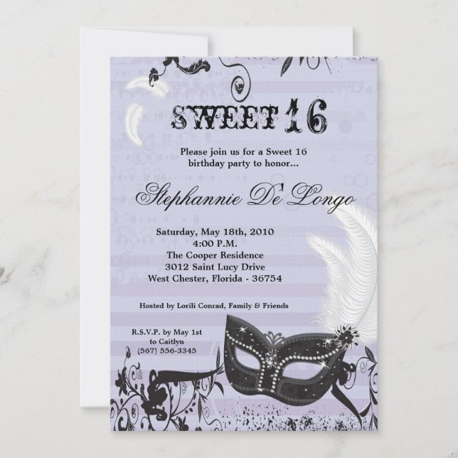 Invitation 5x7 Lilac Masquerade Sweet 16 Anniversaire Invitat (Devant)