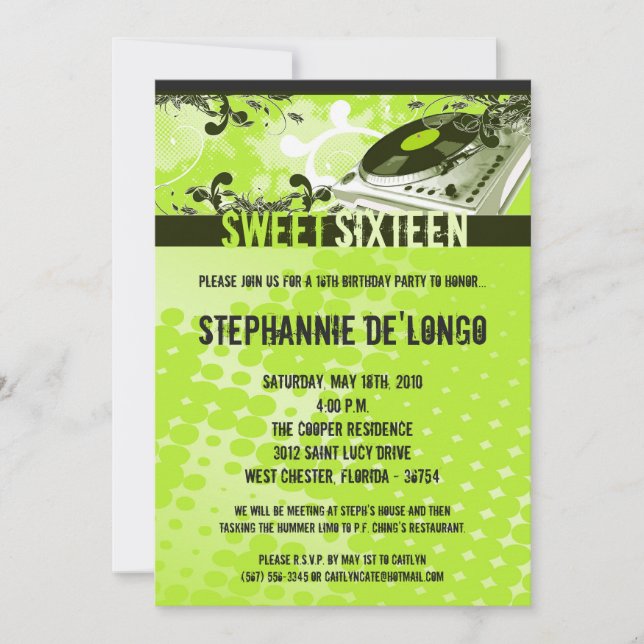 Invitation 5x7 Lime Gree DJ Tourne-disque16e anniversaire Inv (Devant)