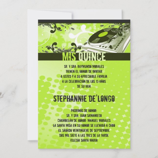 Invitation 5x7 Lime Green DJ Tourne-disque Quinceanera Invita (Devant)