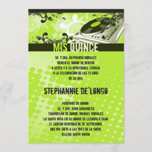 Invitation 5x7 Lime Green DJ Tourne-disque Quinceanera Invita