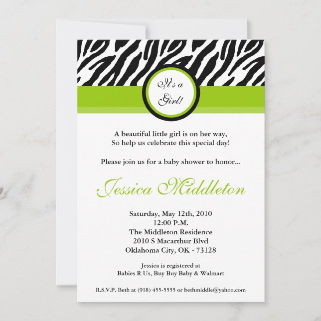 Invitation 5x7 Lime Green Zebra Imprimer Baby shower Invitati (Devant)