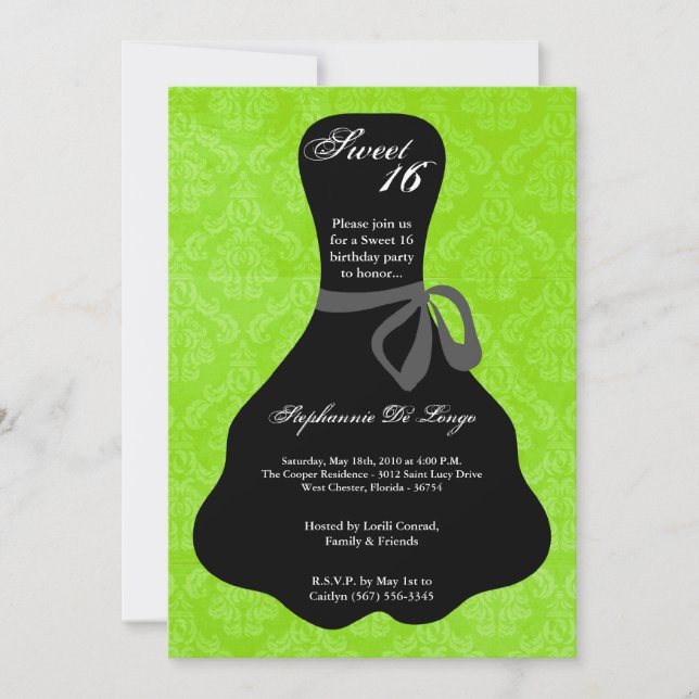 Invitation 5x7 Lime Vert robe douce 16 Anniversaire Invitatio (Devant)