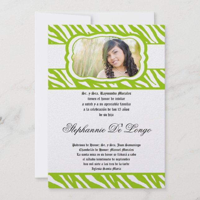 Invitation 5x7 Lime Zebra Imprimer Patter Quinceanera Invitat (Devant)