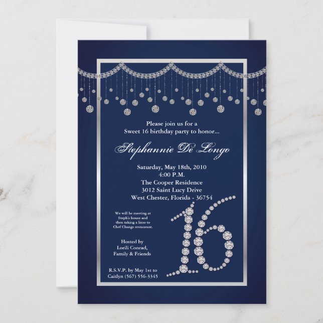 Invitation 5x7 Marine Blue Diamond Sweet 16 Anniversaire Invi (Devant)