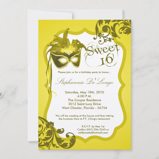 Invitation 5x7 Masquerade jaune 16 Birthday Invite (Devant)