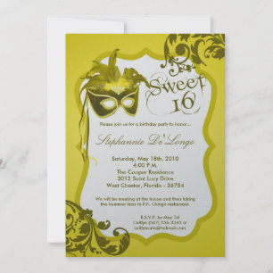 Invitation 5x7 Masquerade jaune 16 Birthday Invite