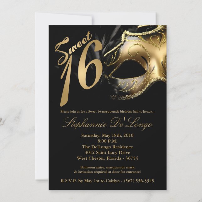 Invitation 5x7 Masquerade Mask Sweet 16 Anniversaire Invitati (Devant)