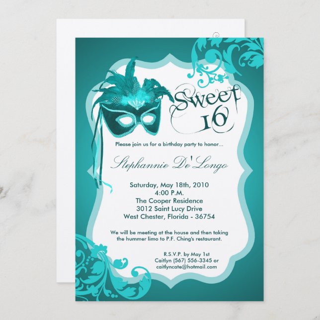 Invitation 5x7 Masquerade Turquoise Masque Masque 16 Invitati (Devant / Derrière)