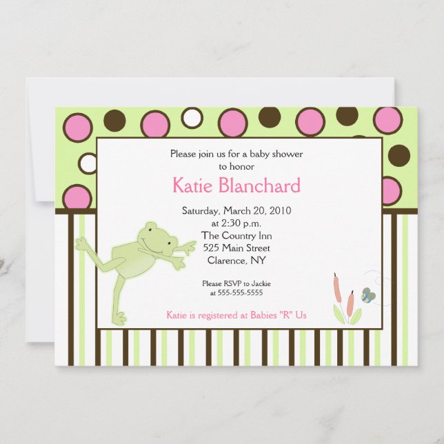 Invitation 5x7 Mod Leap Frog Pink Baby shower de point tendan (Devant)