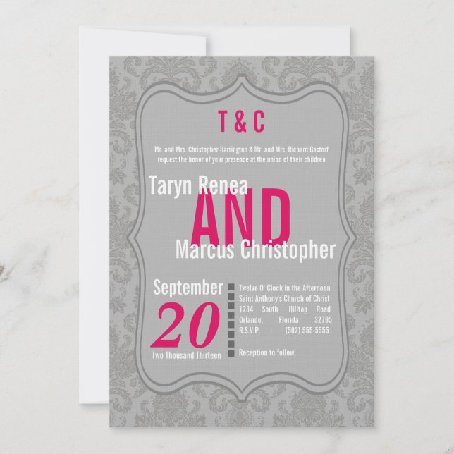 Invitation 5x7 Modern Grey Hot Pink Mariage damassé Invitatio (Devant)