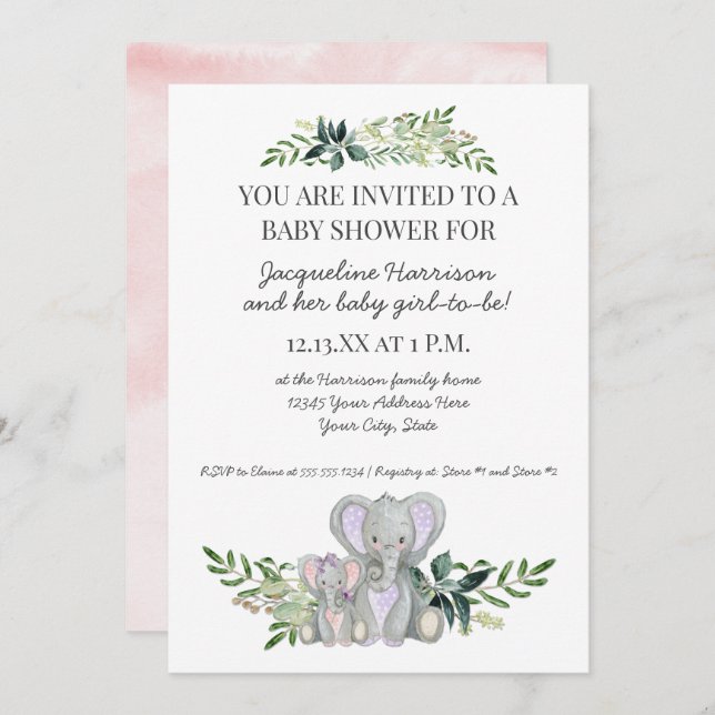 Invitation 5x7 Mommy Baby Elephant Foliage Blush Rose Douche (Devant / Derrière)