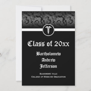 Invitation 5x7 Noir/Blanc Caduceus Médicale School Graduation
