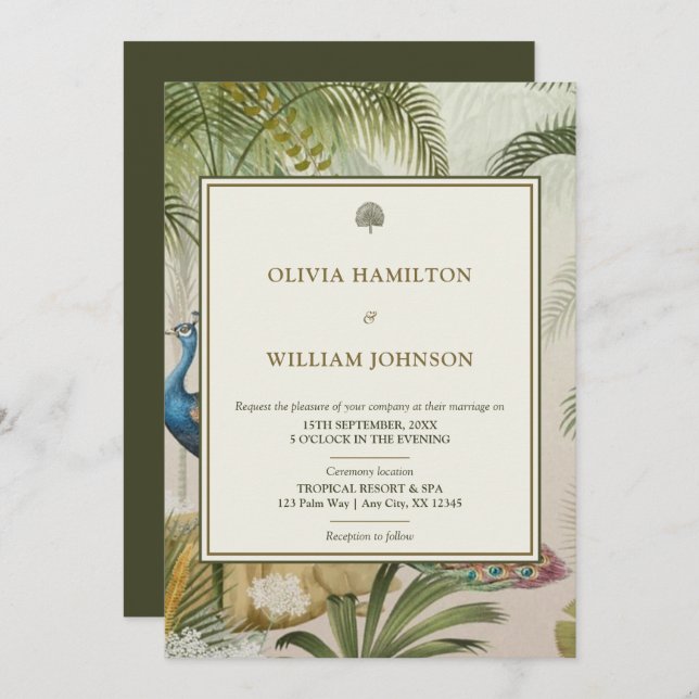 Invitation 5x7 Olive Green Tropical Peacock Palm Mariage (Devant / Derrière)