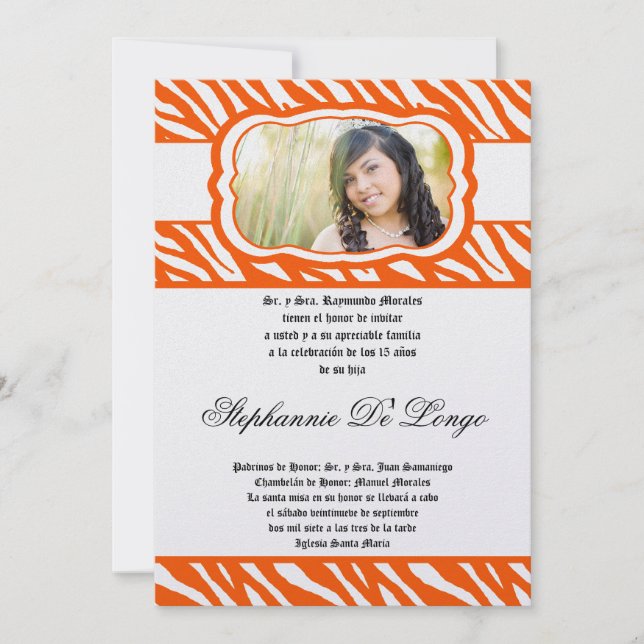 Invitation 5x7 Oran Zebra Imprimer Patter Quinceanera Invitat (Devant)