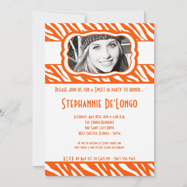 Invitation 5x7 Orang Zebra PHOTO Sweet 16 Anniversaire Invita (Devant)