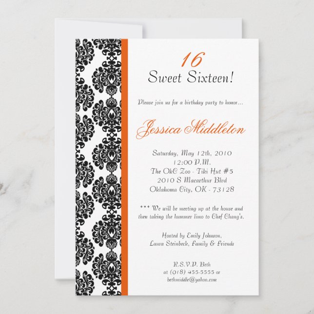 Invitation 5x7 Orange Damask Lace Anniversaire Fête Invitatio (Devant)