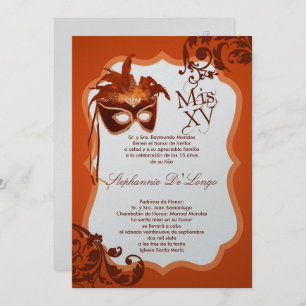 Invitation 5x7 Orange Masquerade Masque Quinceanera Invitatio