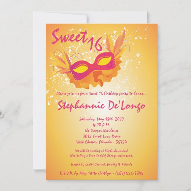 Invitation 5x7 Orange Masquerade Sweet 16 Anniversaire Invita (Devant)