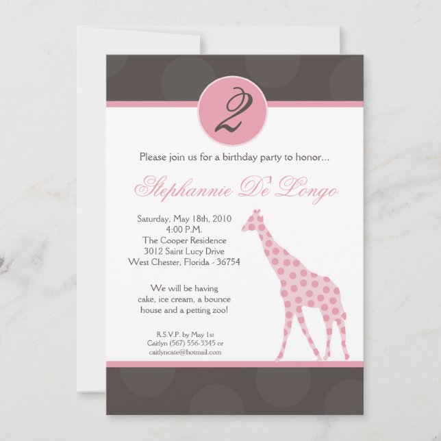 Invitation 5x7 Pink Poka Dot Giraffe Anniversaire Par Invitat (Devant)