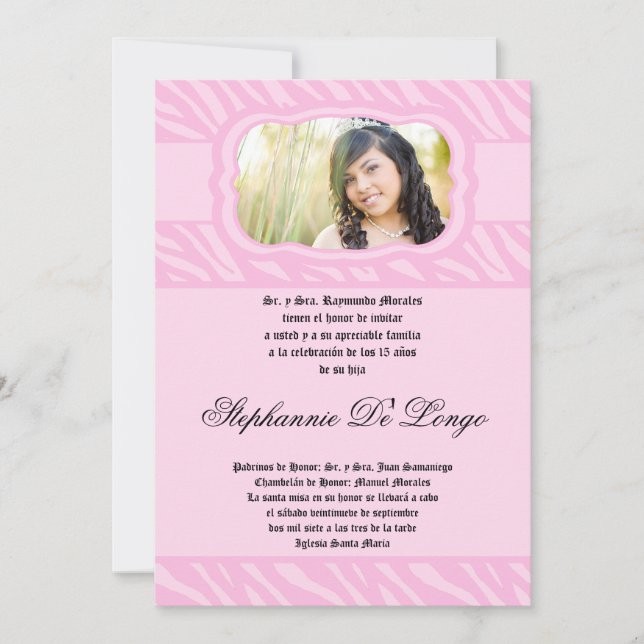 Invitation 5x7 Pink Zebra Imprimer Patter Quinceanera Invitat (Devant)