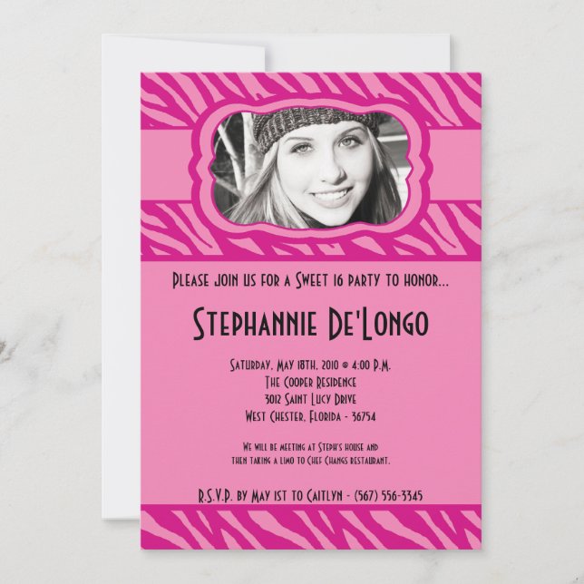 Invitation 5x7 Pink Zebra PHOTO Sweet 16 Anniversaire Invitat (Devant)