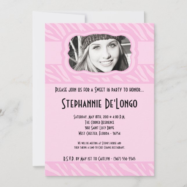 Invitation 5x7 Pink Zebra PHOTO Sweet 16 Anniversaire Invitat (Devant)