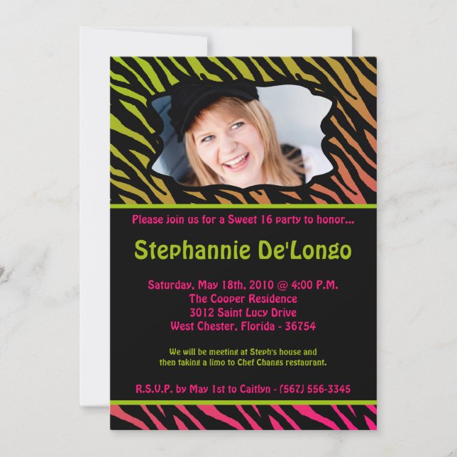 Invitation 5x7 Pink Zebra PHOTO Sweet 16 Anniversaire Invitat (Devant)
