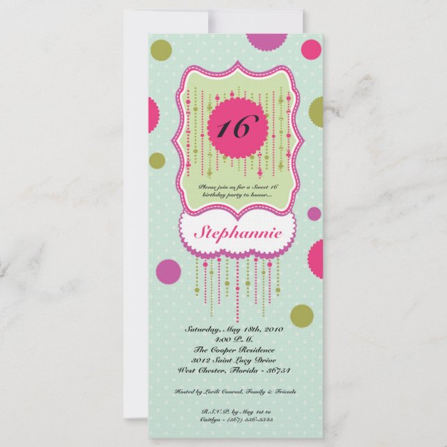 Invitation 5x7 Polka Dot Ornate Sweet 16 Anniversaire Invitat (Devant)