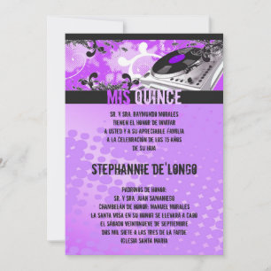 Invitation 5x7 Purpl DJ Spin Tourne-disque Quinceanera Invita
