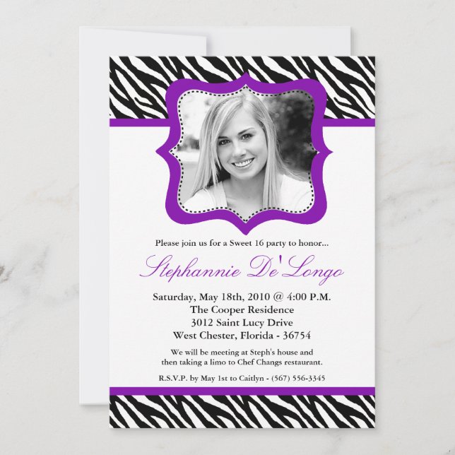 Invitation 5x7 Purpl Zebra PHOTO Sweet 16 Anniversaire Invita (Devant)